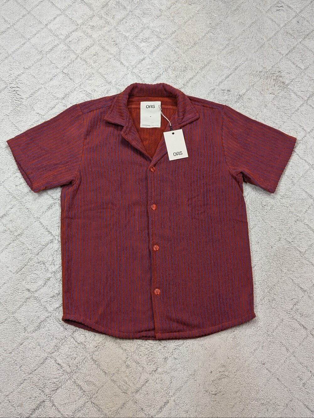 OAS Shirt Mens M Rusty Red Deep Cut Cuba Terry Cotton Button Up Resort NEW